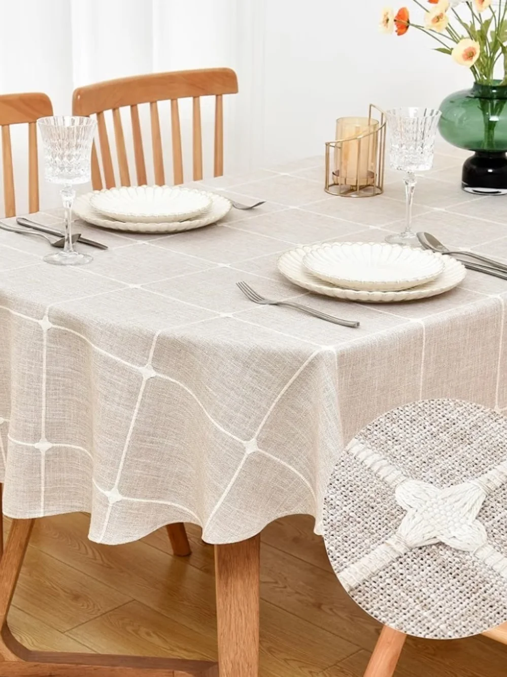 Linen-Style Beige Grid Tablecloth - Home Dining Oval 52 X 70